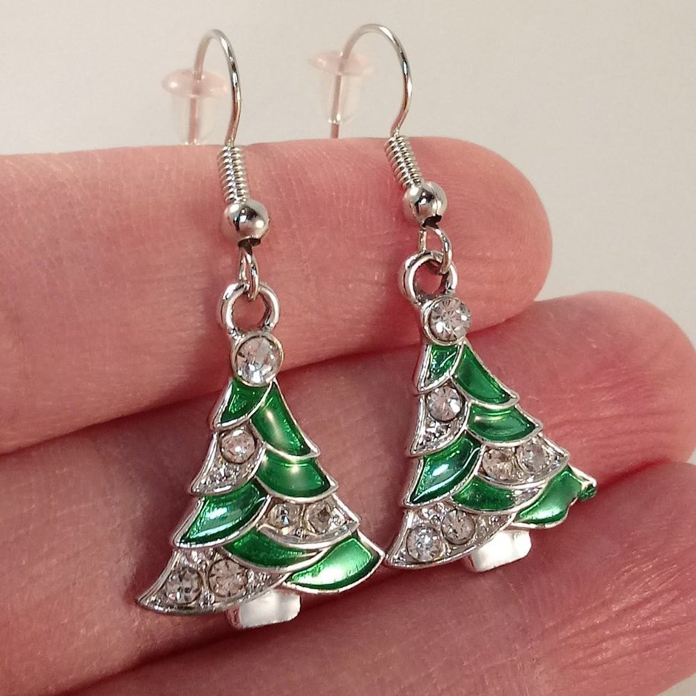Silver Green Christmas Tree White Crystal Dangle Earrings New Holiday Festive